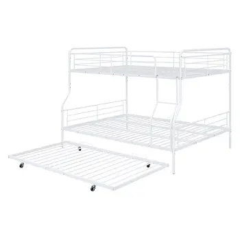 White Full XL Over Queen Contemporary Metal Bunk Bed With Trundle