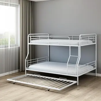 White Full XL Over Queen Contemporary Metal Bunk Bed With Trundle
