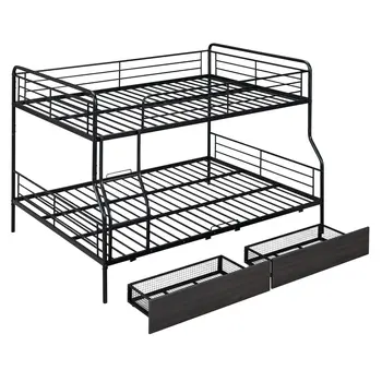 Black Full Over Queen Contemporary Metal Bunk Bed With Drawers