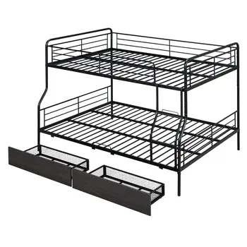 Black Full Over Queen Contemporary Metal Bunk Bed With Drawers