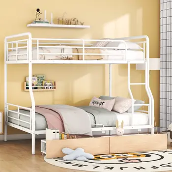 White Full Over Queen Contemporary Metal Bunk Bed With Drawers