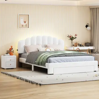 White Tufted Boucle Lighted Queen Bed Frame With USB And Drawer