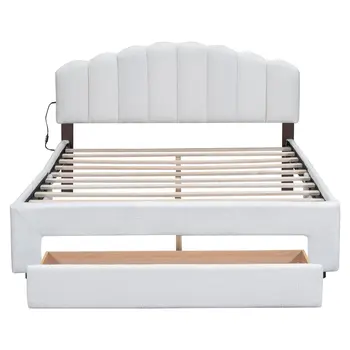 White Tufted Boucle Lighted Queen Bed Frame With USB And Drawer