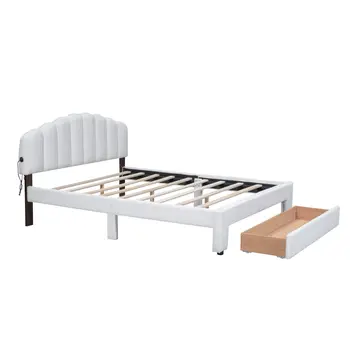 White Tufted Boucle Lighted Queen Bed Frame With USB And Drawer