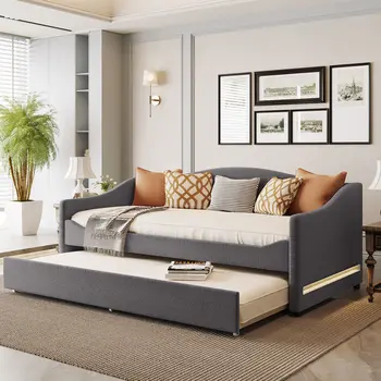 Gray Tufted Boucle Twin Day Bed With LED Lighting And Trundle And USB