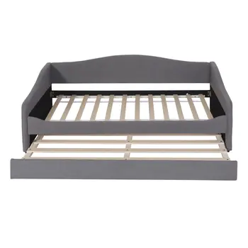 Gray Tufted Boucle Twin Day Bed With LED Lighting And Trundle And USB
