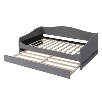 Gray Tufted Boucle Twin Day Bed With LED Lighting And Trundle And USB