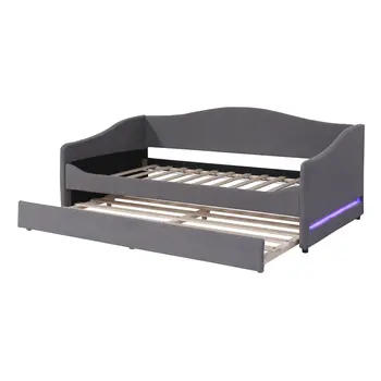 Gray Tufted Boucle Twin Day Bed With LED Lighting And Trundle And USB