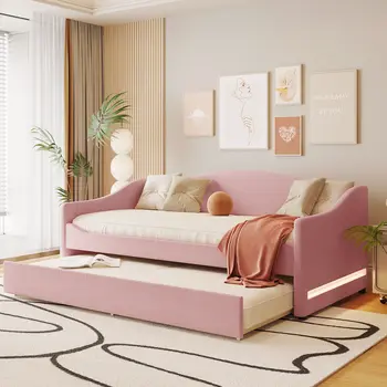 Pink Tufted Boucle Twin Day Bed With LED Lighting And Trundle And USB