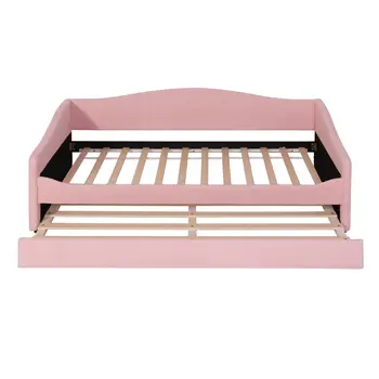 Pink Tufted Boucle Twin Day Bed With LED Lighting And Trundle And USB