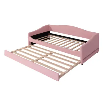Pink Tufted Boucle Twin Day Bed With LED Lighting And Trundle And USB