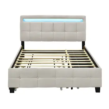 Beige Tufted Upholstered Lighted Queen Bed Frame With Trundle And USB And Drawers