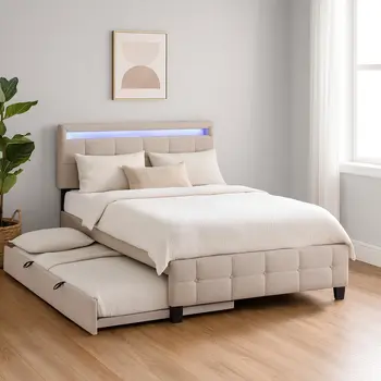 Beige Tufted Upholstered Lighted Queen Bed Frame With Trundle And USB And Drawers
