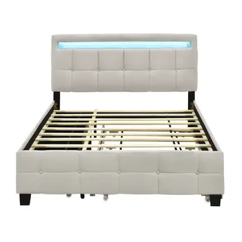 Beige Tufted Upholstered Lighted Queen Bed Frame With Trundle And USB And Drawers