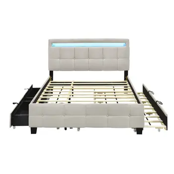 Beige Tufted Upholstered Lighted Queen Bed Frame With Trundle And USB And Drawers