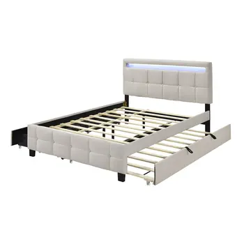 Beige Tufted Upholstered Lighted Queen Bed Frame With Trundle And USB And Drawers