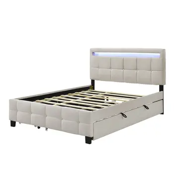 Beige Tufted Upholstered Lighted Queen Bed Frame With Trundle And USB And Drawers