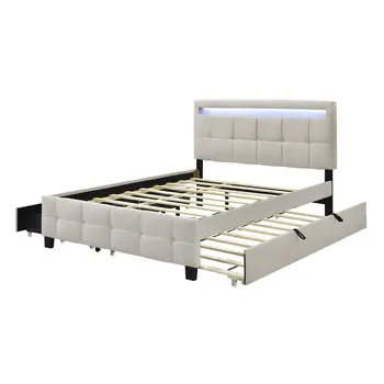 Beige Tufted Upholstered Lighted Queen Bed Frame With Trundle And USB And Drawers