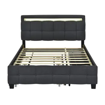 Black Tufted Upholstered Lighted Queen Bed Frame With Trundle And USB And Drawers
