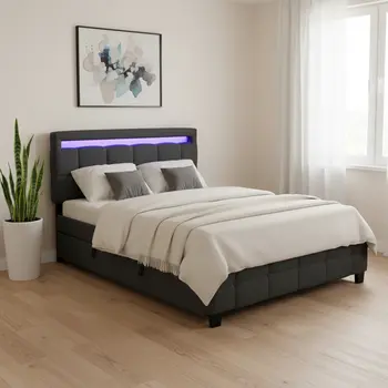 Black Tufted Upholstered Lighted Queen Bed Frame With Trundle And USB And Drawers