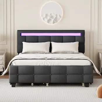 Black Tufted Upholstered Lighted Queen Bed Frame With Trundle And USB And Drawers