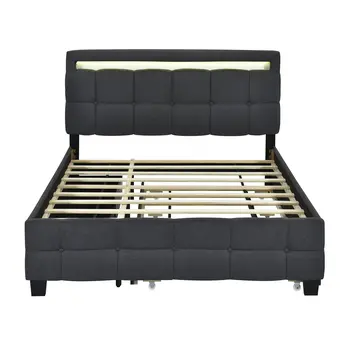 Black Tufted Upholstered Lighted Queen Bed Frame With Trundle And USB And Drawers