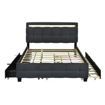 Black Tufted Upholstered Lighted Queen Bed Frame With Trundle And USB And Drawers