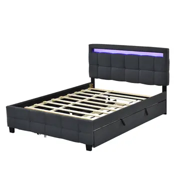 Black Tufted Upholstered Lighted Queen Bed Frame With Trundle And USB And Drawers