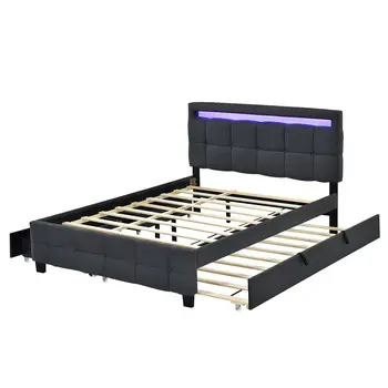 Black Tufted Upholstered Lighted Queen Bed Frame With Trundle And USB And Drawers