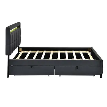Black Tufted Upholstered Lighted Queen Bed Frame With Trundle And USB And Drawers