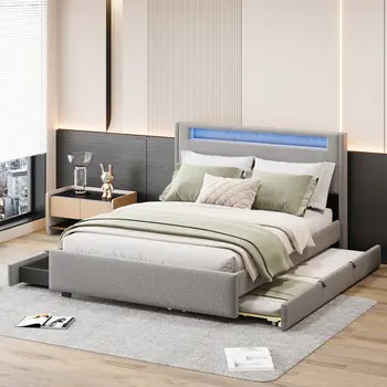 Light Gray Tufted Boucle Lighted Full Bed Frame With Trundle And USB And Drawers