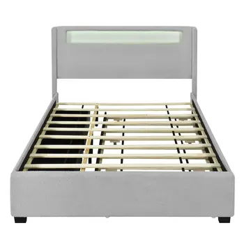 Light Gray Tufted Boucle Lighted Full Bed Frame With Trundle And USB And Drawers