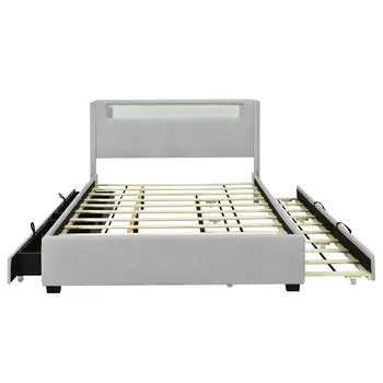 Light Gray Tufted Boucle Lighted Full Bed Frame With Trundle And USB And Drawers