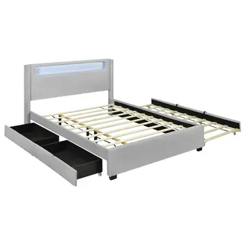 Light Gray Tufted Boucle Lighted Full Bed Frame With Trundle And USB And Drawers