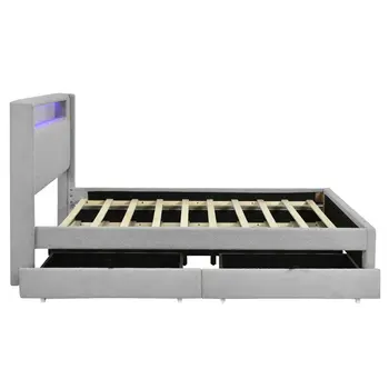 Light Gray Tufted Boucle Lighted Full Bed Frame With Trundle And USB And Drawers