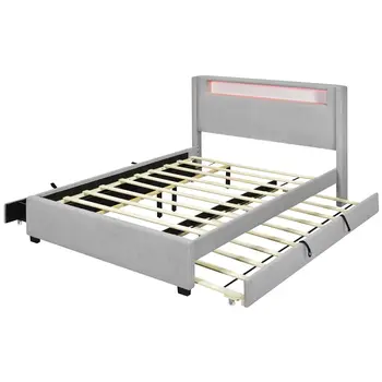 Light Gray Tufted Boucle Lighted Full Bed Frame With Trundle And USB And Drawers