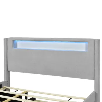 Light Gray Tufted Boucle Lighted Full Bed Frame With Trundle And USB And Drawers