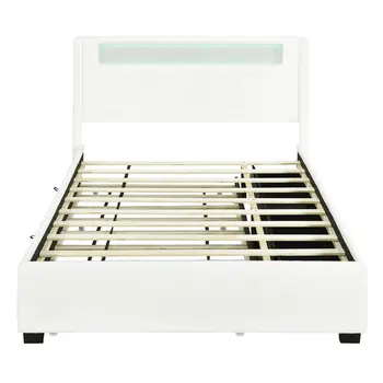 White Tufted Boucle Lighted Full Bed Frame With Trundle And USB And Drawers