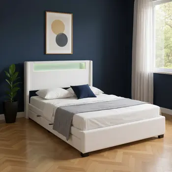 White Tufted Boucle Lighted Full Bed Frame With Trundle And USB And Drawers