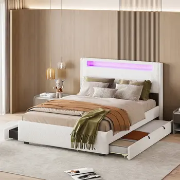 White Tufted Boucle Lighted Full Bed Frame With Trundle And USB And Drawers