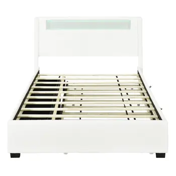 White Tufted Boucle Lighted Full Bed Frame With Trundle And USB And Drawers