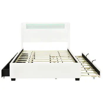 White Tufted Boucle Lighted Full Bed Frame With Trundle And USB And Drawers