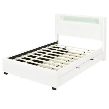White Tufted Boucle Lighted Full Bed Frame With Trundle And USB And Drawers