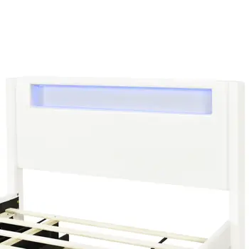 White Tufted Boucle Lighted Full Bed Frame With Trundle And USB And Drawers