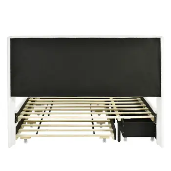 White Tufted Boucle Lighted Full Bed Frame With Trundle And USB And Drawers