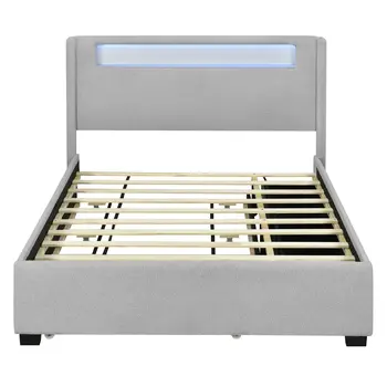 Light Gray Tufted Boucle Lighted Queen Bed Frame With Trundle And USB And Drawers