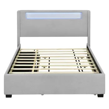 Light Gray Tufted Boucle Lighted Queen Bed Frame With Trundle And USB And Drawers