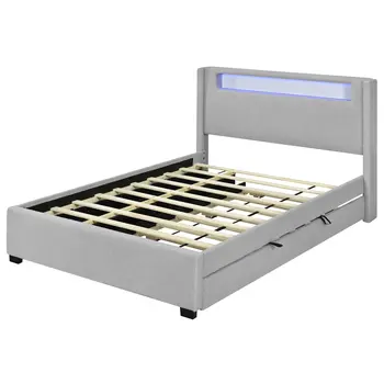 Light Gray Tufted Boucle Lighted Queen Bed Frame With Trundle And USB And Drawers