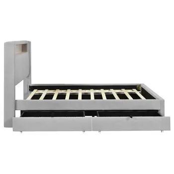 Light Gray Tufted Boucle Lighted Queen Bed Frame With Trundle And USB And Drawers