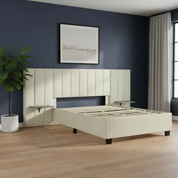 Light Gray Tufted Velvet Upholstered Lighted Full Bed Frame